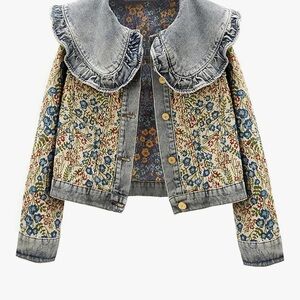Floral Denim Jacket with Ruffle Collar
